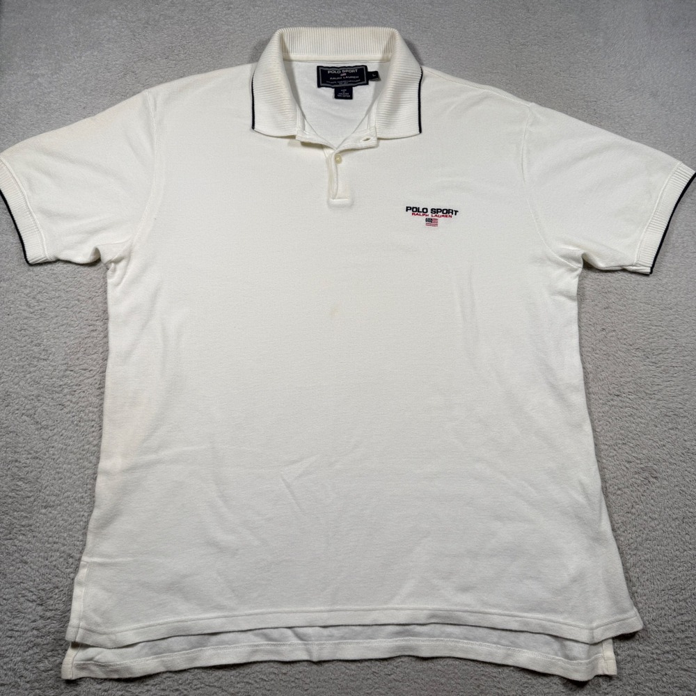 Vintage 90s Polo Sport Ralph Lauren Polo Mens L White Pique Cotton Preppy‎